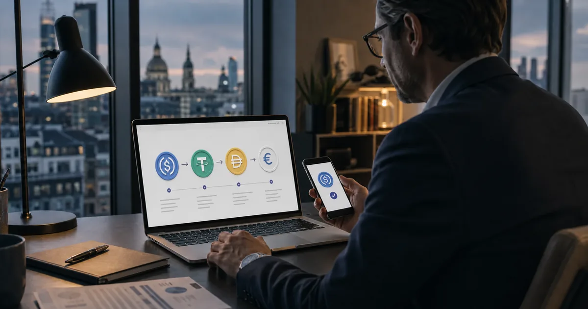 Professionnel validant un transfert international en stablecoin entre euro et dollar numérique