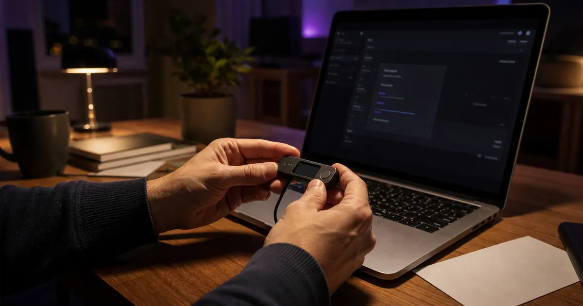 Utilisateur vérifiant une transaction avec un hardware wallet et un ordinateur